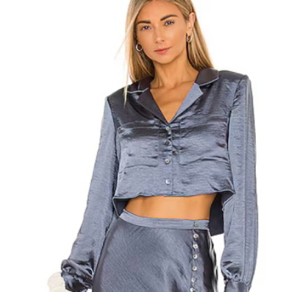 LPA Cael Top - Elegant Satin Button-Down Shirt in Teal